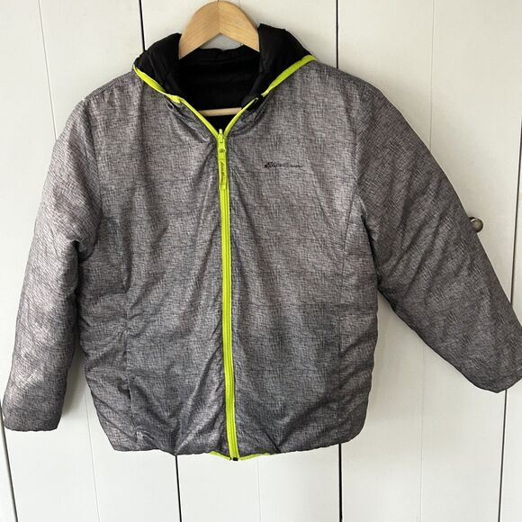 Boys Eddie Bauer Down Coat Size 14 16 Reversible Hooded Black Grey Winter Ski - Picture 2 of 11